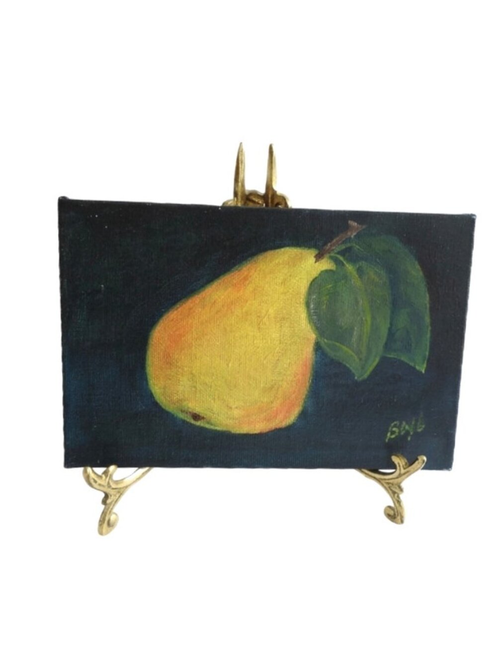 Mini Pear Oil Painting 4x6 & Solid Brass Easel Stand Set